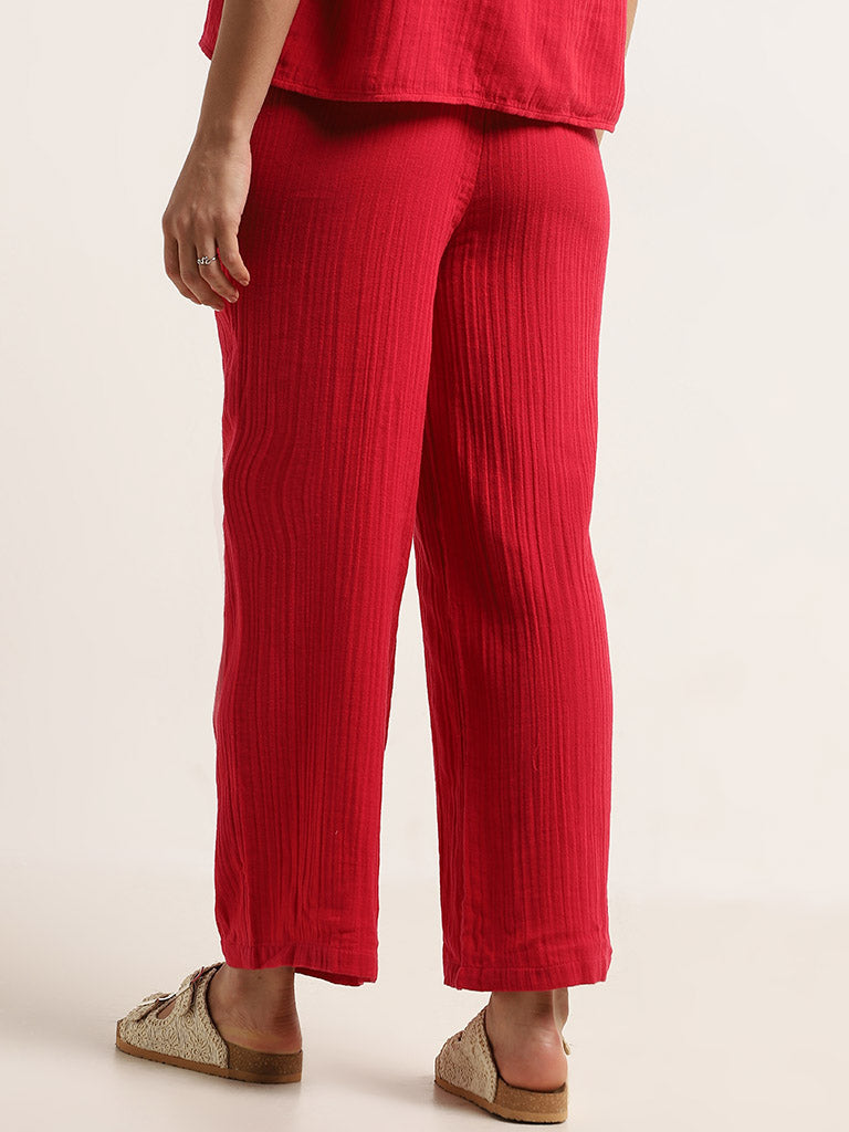 Wunderlove Red Cotton Crinkle Textured Mid-Rise Beach Pants