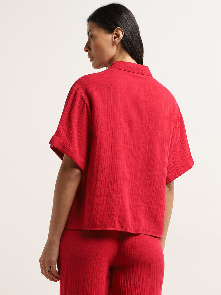Wunderlove Red Crinkle Textured Cotton Shirt