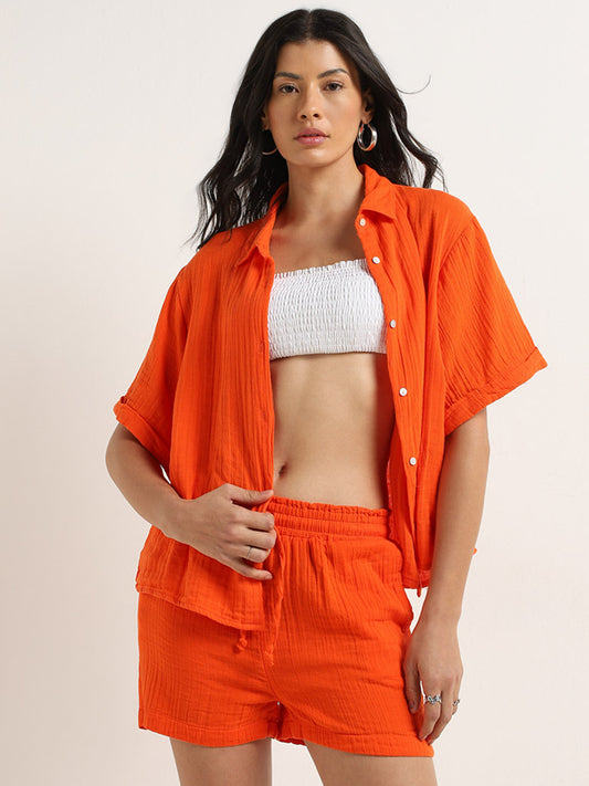 Wunderlove Orange Crinkle Textured Cotton Shirt