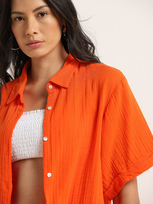 Wunderlove Orange Crinkle Textured Cotton Shirt