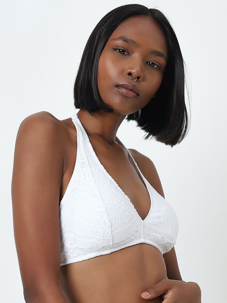 Buy Superstar White Knit Textured Halter Neck Bra from Westside