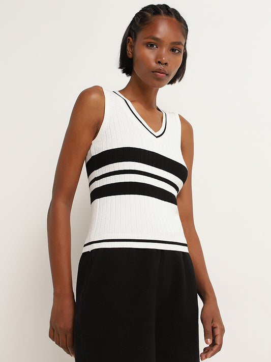 Studiofit White and Black Knitted Striped Top