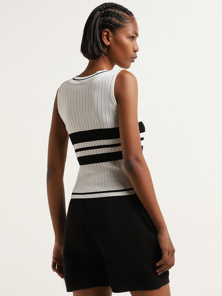 Studiofit White and Black Knitted Striped Top