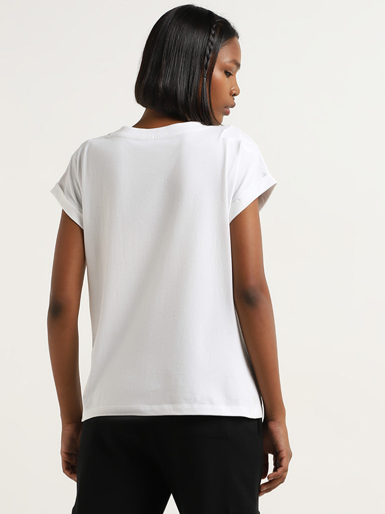 Studiofit White Text Printed Cotton T-Shirt