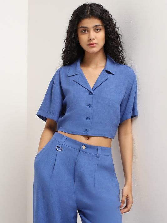 Nuon Blue Blended Linen Cropped Shirt