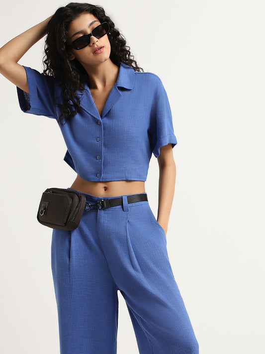 Nuon Blue Blended Linen Cropped Shirt