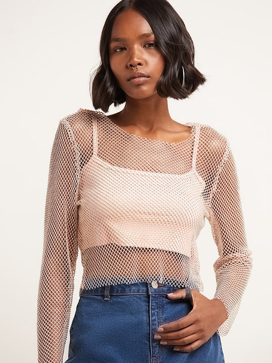 Nuon Light Pink Embellished Mesh Top with Inner