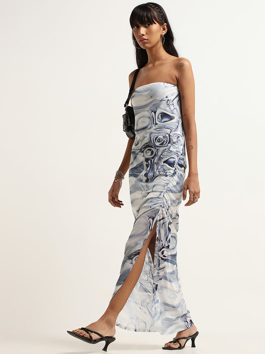 Nuon Blue Marble Print Strapless Dress