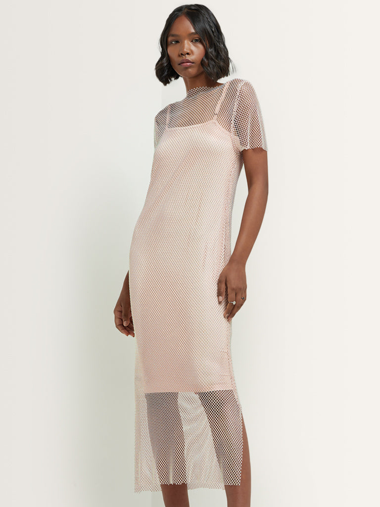 Nuon Light Pink Mesh Embellished Straight Dress with Inner