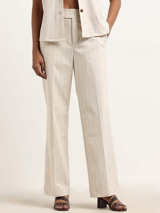 Wardrobe Beige Stripe Pattern High-Rise Trousers