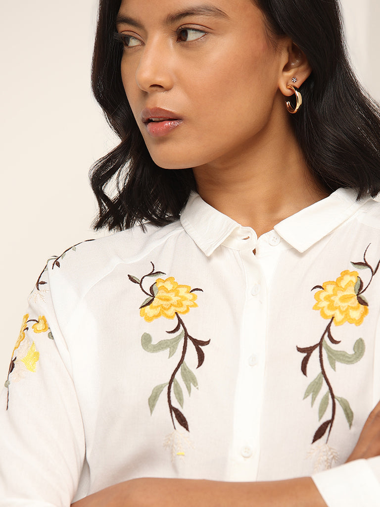 LOV White Floral Embroidered Shirt