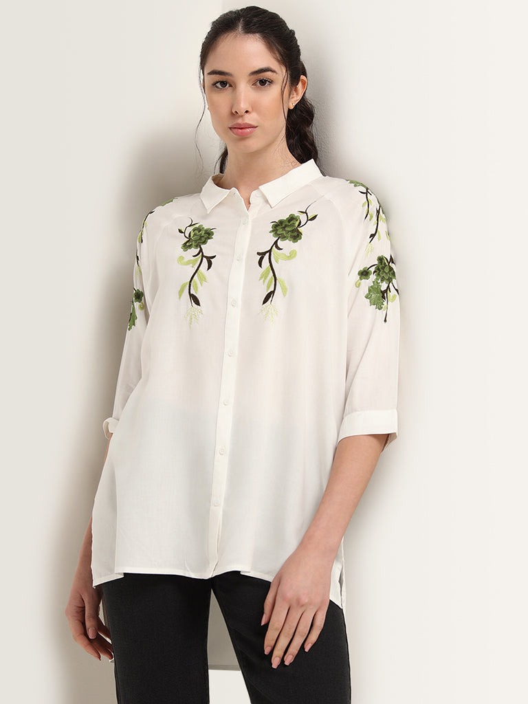 LOV White Embroidered Drop Tail Shirt