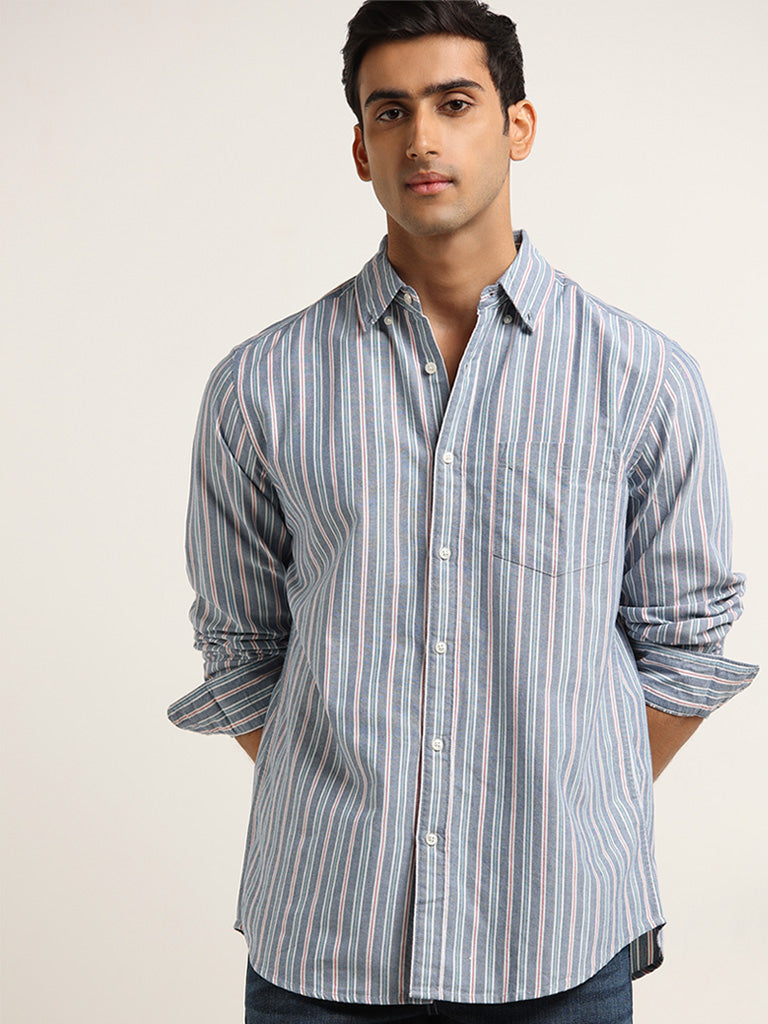 WES Casuals Blue Cotton Striped Relaxed Fit Shirt