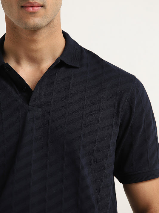WES Casuals Navy Ribbed Slim Fit Polo T-Shirt
