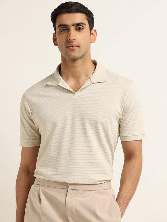 WES Casuals Beige Textured Cotton Blend Relaxed Fit T-Shirt
