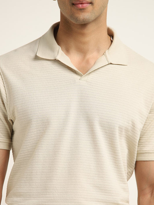 WES Casuals Beige Textured Cotton Blend Relaxed Fit T-Shirt