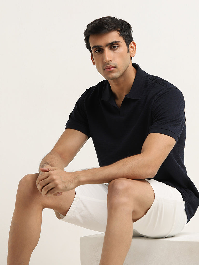 WES Casuals Navy Textured Relaxed Fit T-Shirt