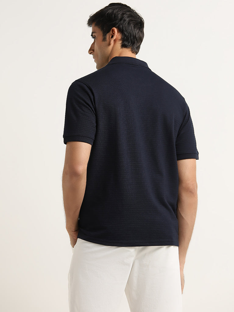 WES Casuals Navy Textured Cotton Blend Relaxed Fit T-Shirt