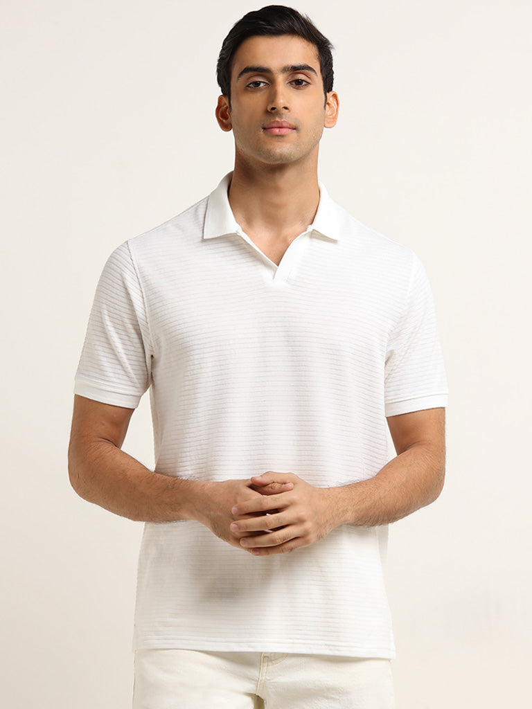 WES Casuals White Textured Self-Striped Cotton Blend Relaxed Fit T-Shirt