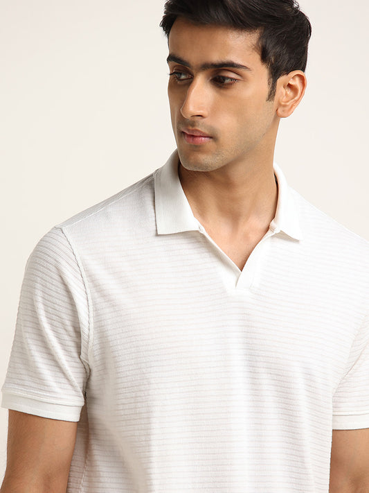 WES Casuals White Textured Self-Striped Relaxed Fit T-Shirt