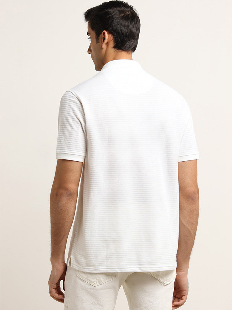 WES Casuals White Textured Self-Striped Cotton Blend Relaxed Fit T-Shirt