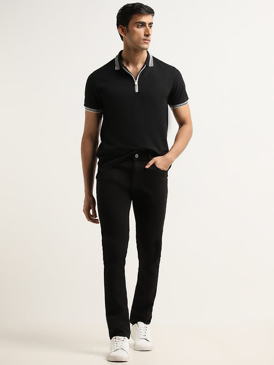 WES Casuals Black Slim-Fit Polo T-Shirt