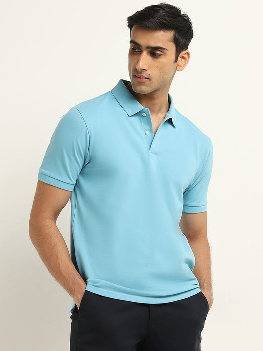 WES Casuals Blue Solid Relaxed Fit Polo T-Shirt