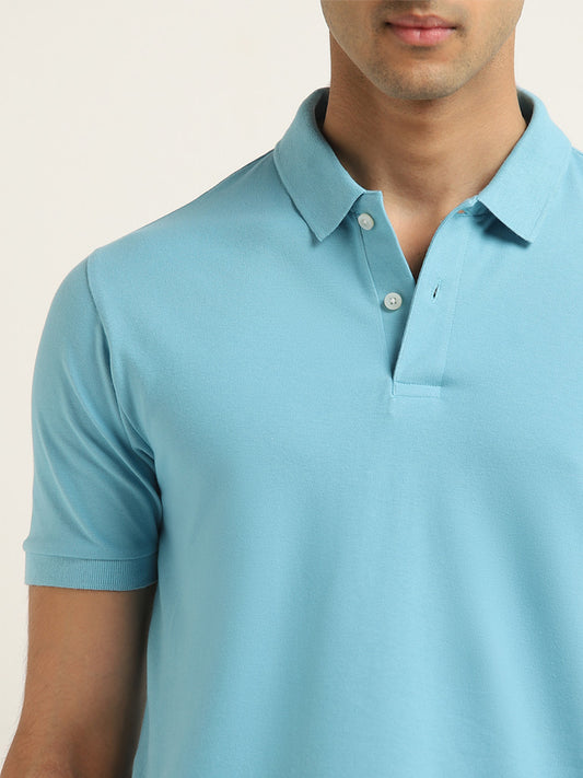 WES Casuals Blue Solid Slim Fit Polo T-Shirt