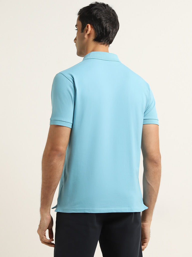 WES Casuals Blue Solid Slim Fit Polo T-Shirt