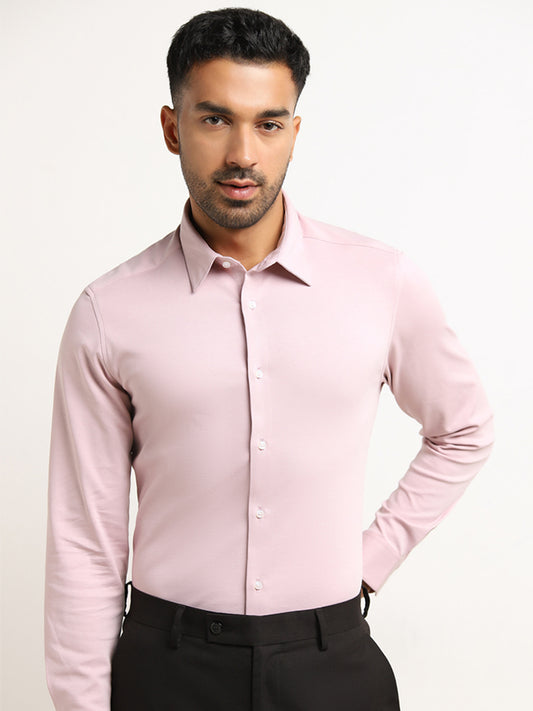 WES Formals Light Pink Solid Cotton Blend Slim Fit Shirt