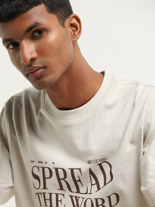 Studiofit Light Beige Text Printed Relaxed Fit T-Shirt