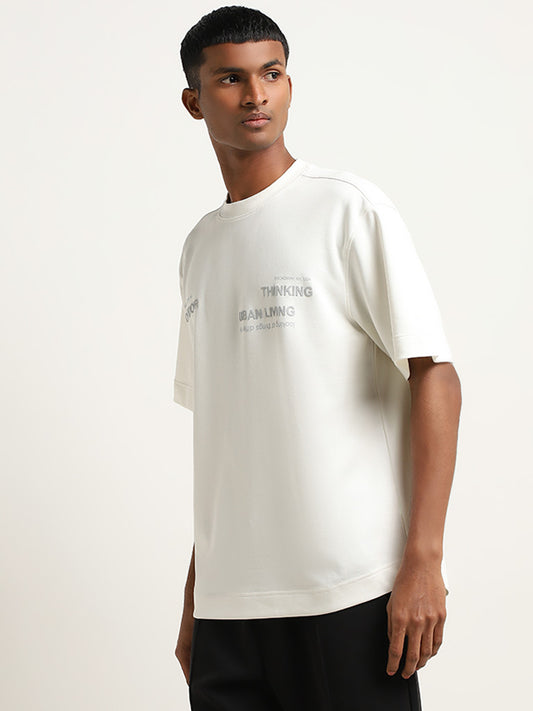 Studiofit Off-White Text Embossed Relaxed Fit T-Shirt