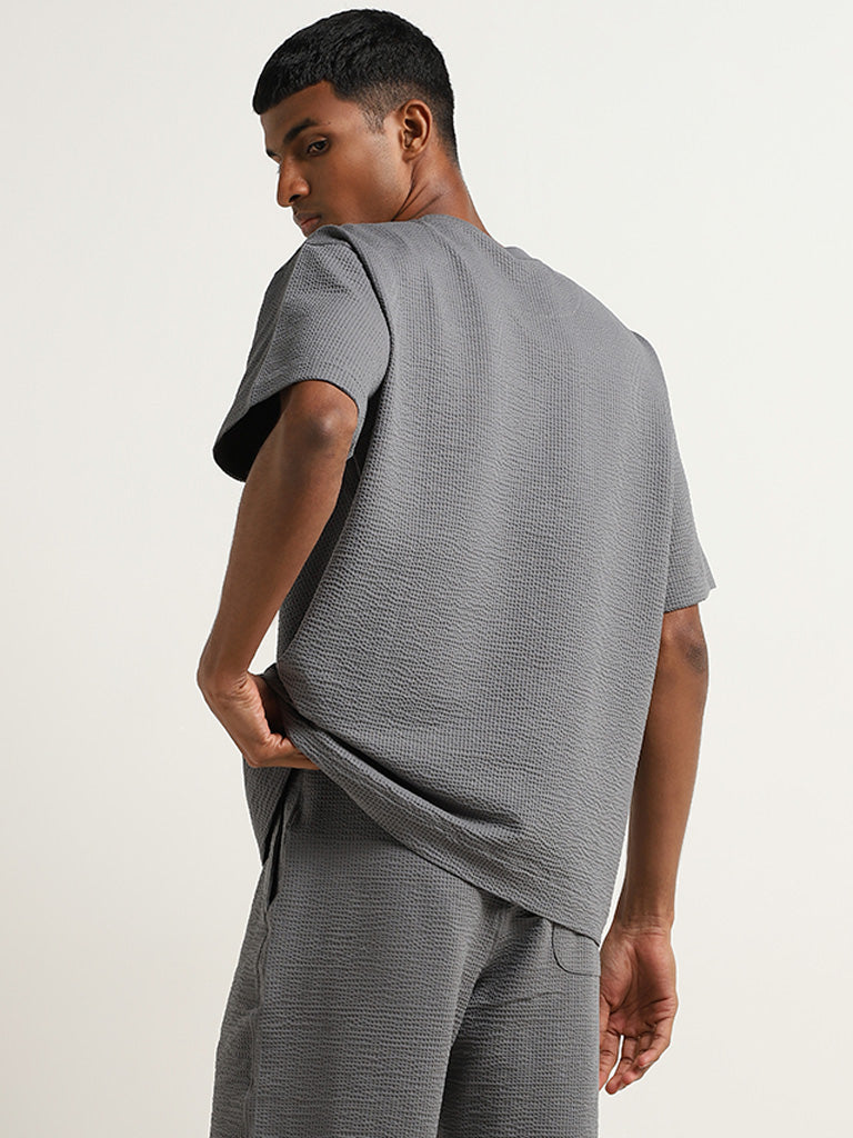 Studiofit Dark Grey Waffle-Textured Relaxed Fit T-Shirt