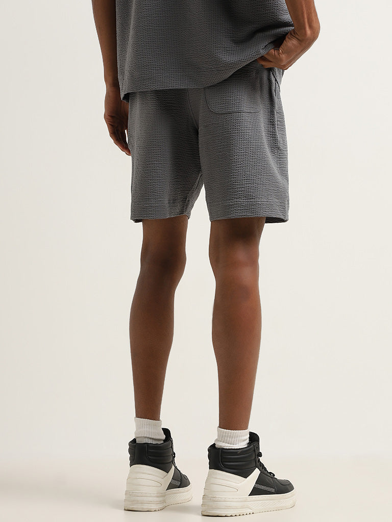 Studiofit Dark Grey Waffle-Textured Relaxed-Fit Mid-Rise Cotton Blend Shorts