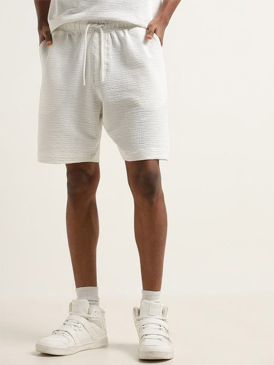 Studiofit White Waffle-Textured Relaxed-Fit Mid-Rise Cotton Blend Shorts