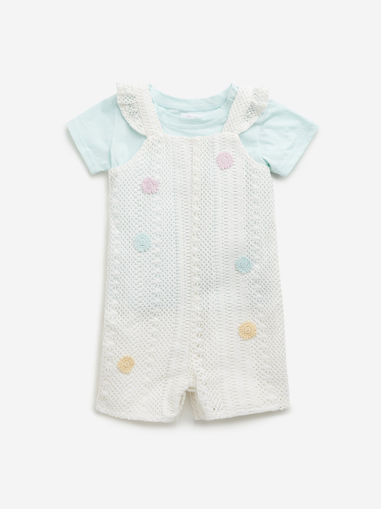 HOP Baby White Crochet Design Dungaree with T-Shirt Set