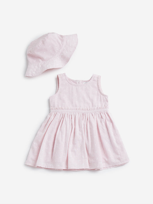 HOP Baby Pink Tufted A-line Dress with Bucket Hat Set