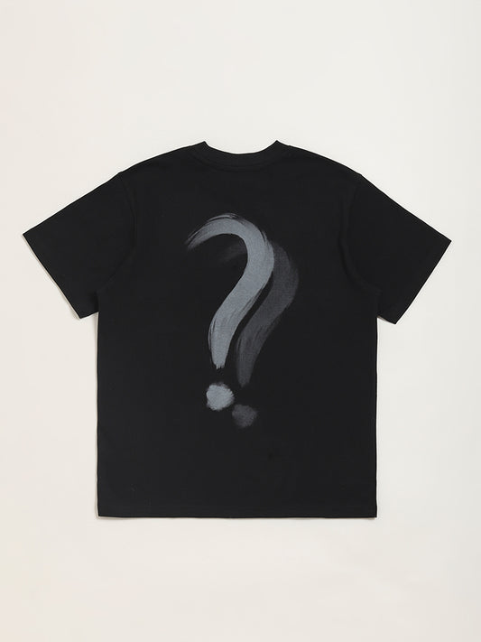 Y&F Kids Black Printed Ribbed T-Shirt