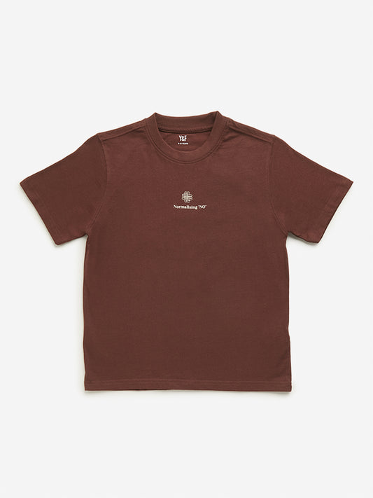 Y&F Kids Dark Brown Text Printed T-Shirt