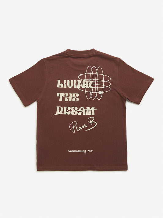 Y&F Kids Dark Brown Text Printed T-Shirt
