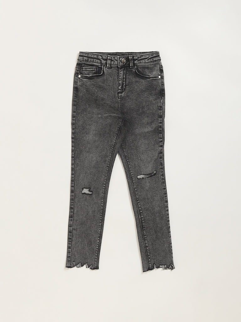 Y&F Kids Grey Relaxed Fit Mid Rise Distress Jeans
