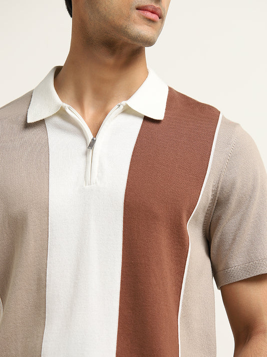 Ascot Light Taupe Colour-Blocked Relaxed Fit T-Shirt