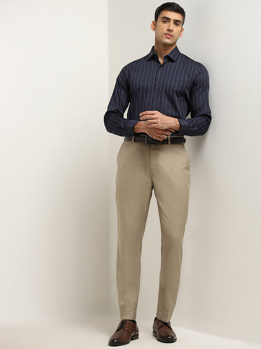 WES Formals Beige Relaxed-Fit Mid-Rise Cotton Blend Trousers