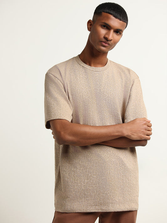 ETA Beige Relaxed Fit Textured Weave Cotton Blend T-Shirt