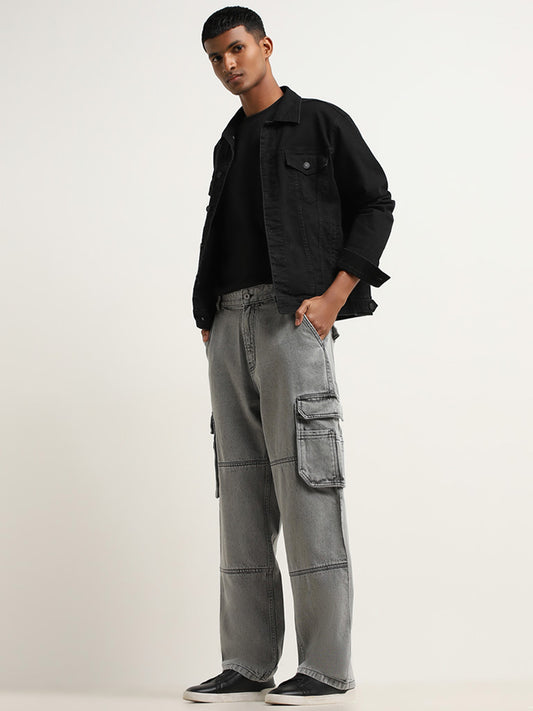 Nuon Grey Cargo-Style Mid Rise Loose Fit Jeans