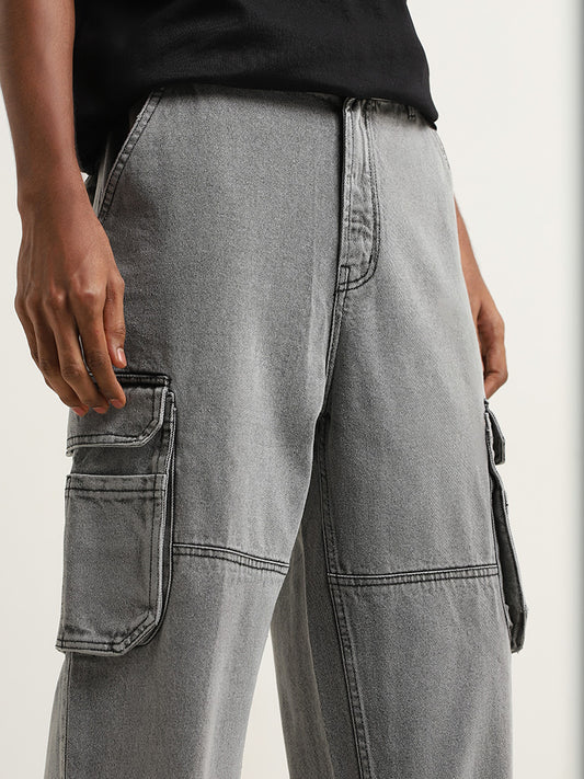 Nuon Grey Cargo-Style Mid Rise Loose Fit Jeans