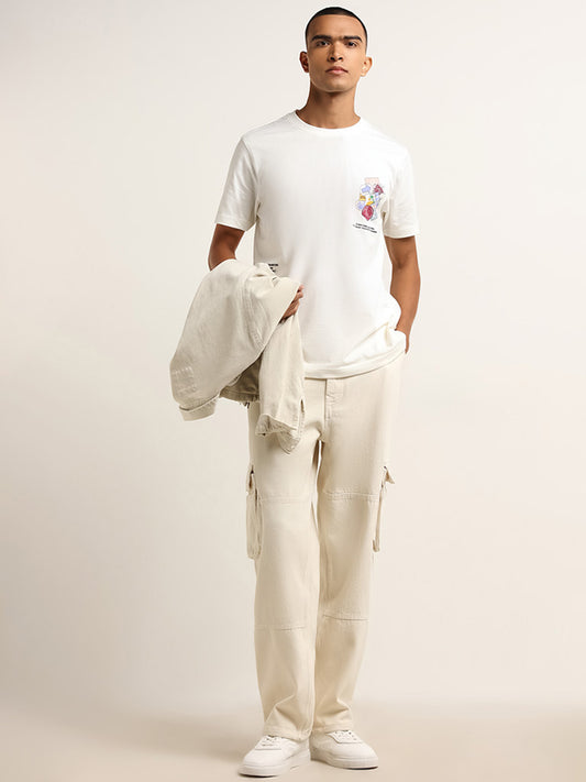 Nuon Off-White Cargo-Style Mid Rise Relaxed Fit Jeans