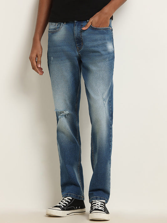 Nuon Blue Distressed Mid-Rise Straight Fit Jeans