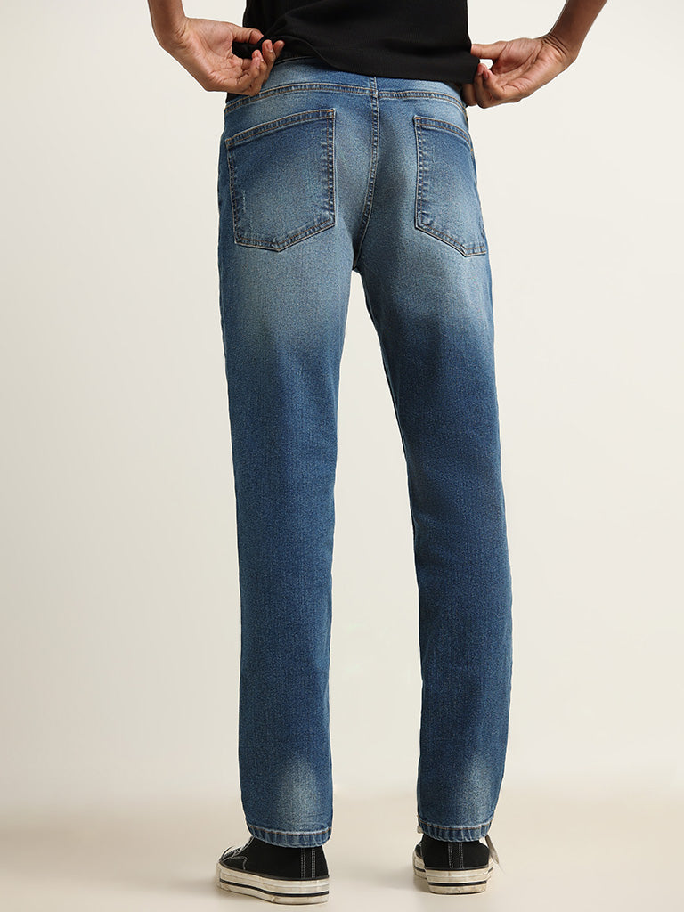 Nuon Blue Distressed Mid-Rise Straight Fit Jeans