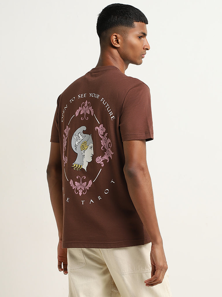 Nuon Brown Text Print Slim Fit T-Shirt